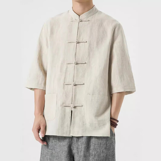 
Yu Zhaolin summer Chinese style linen short-sleeved Tang suit men's retro five-point sleeve Hanfu cotton linen lay Buddhist suit large size half-sleeved tea suit khaki thin style YM001 2XL [150-165Jin[Jin equals 0.5 kg]]