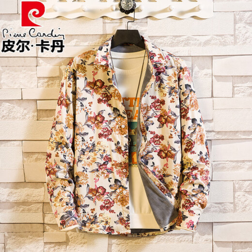 Pierre cardin spring small floral print long-sleeved shirt men's trendy brand pure cotton pattern shirt black and white beach casual jacket top 1049 No. 1 Regular L 121-135Jin [Jin equals 0.5 kg] wear