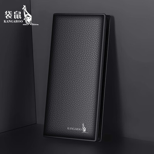 袋鼠钱包男士真皮长款2025新款皮夹头层牛皮青年商务休闲钱夹男大容量 黑色带暗扣