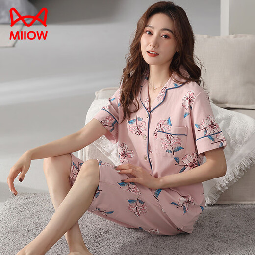 猫人（MiiOW）睡衣女夏季短袖七分裤开衫棉质翻领宽松大码休闲家居服套装可外穿 NX9871 M 女