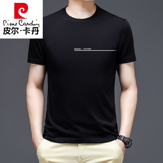 Pierre Cardin High-End-Marke Herren reines Baumwoll-Kurzärärt-T-Shirt für Sommer mittleren und jungen Menschen rundes Hals gedrucktes T-Shirt für halbärmelte Top-T-Shirt Black Black QZ7018 M für 100-120 Jin [Jin gleich 0,5 kg]