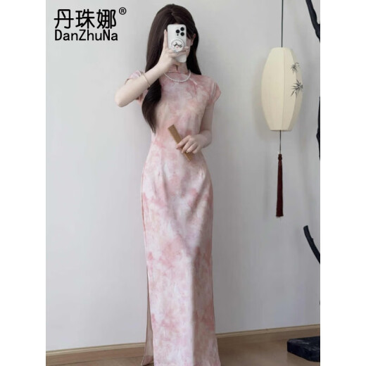 
DanZhuNa new Chinese dress women's 2025 summer new style improved national style girl cheongsam modified skirt summer 9710 pink cheongsam (no accessories) M