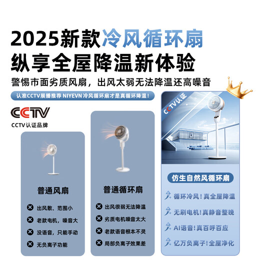 NIYEVN New AI Voice R&D丨AI Cool Wind King Silent Bedroom Electric Fan Ultra-Silent First-Class Energy Efficiency Fan Refrigeration Air Conditioning Fan Household Floor Fan Air Circulation Fan New AI Voice R&D-Top with Heightened LED Screen Control-Bionic Waterfall Cooling Source Core