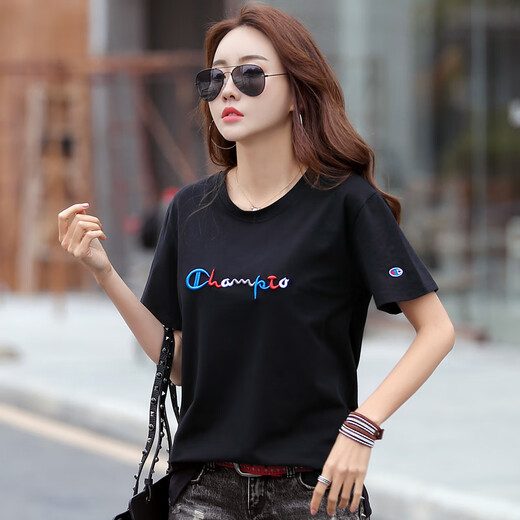 Pierre Cardin Pure Cotton Lose kurzärmeligte T-Shirt Frauen gesticktes T-Shirt großgröße halbärmelig modische Mutter 2025 Sommer neuer Stil 9922 Blue S 90-110Jin [Jin ist gleich 0,5 kg]