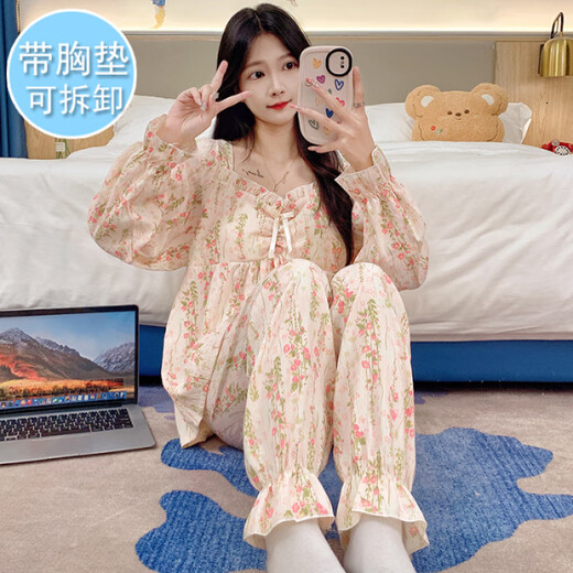 
Hanrui Yunduo cotton with breast pad pajamas for women plus size 220 Jin [Jin equals 0.5 kg] can wearable M5XL C897# 190 3XL