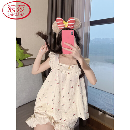 浪莎（LangSha）夏季可爱小樱桃少女睡衣吊带棉麻薄款2025年新款小个子家居服套装 844*粉色爱心套装  L
