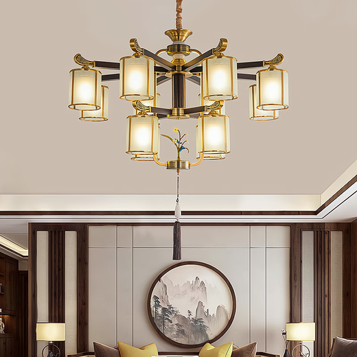 2025 Nuevo estilo NUEVO Estilo Downward All Copper NUEVA ALMA DE ALMA DE ALIMENTO DE COLLO CHANDELier Estilo chino Restaurante de té de villa atmosférica de alta gama Restaurante 9889-10 CABEZA DE COPPUL