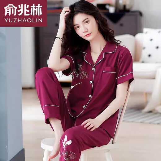 俞兆林夏季睡衣女舒适纯棉开衫短袖长裤全棉薄款中年人妈妈款两件套装 659 M 80-100斤