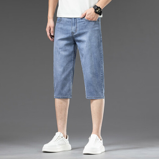 
High-end Tennis Cropped Denim Shorts Men's Summer Thin Loose Straight Ice Silk Pants Men's Casual 7-Cube Pants 757 Ice Sand Blue 36