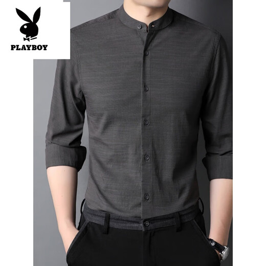 Playboy (PLAYBOY) Autumn Small Stand Collar Shirt Men's Cotton Line Middle-aged Long Sleeve Imitation Line Chinese Style Shirt Top Casual Fashion Men's Clothing WL9930 Dark Gray L 175