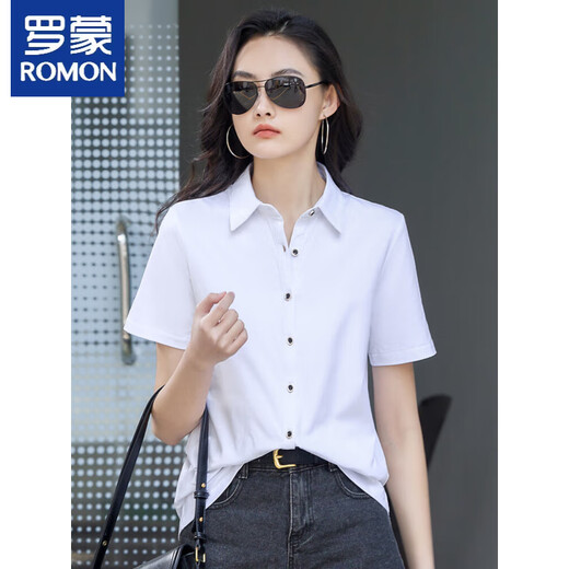 
ROMON short-sleeved T-shirt for women 2025 summer new pure cotton shirt for women POLO neck versatile slim cardigan half-sleeved professional 9887 blue (short-sleeved) XL suggests 115-125Jin [Jin equals 0.5 kg]