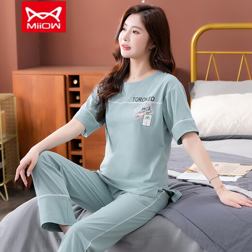 猫人（MiiOW）睡衣女纯棉短袖长裤夏季薄款年新款家居服套装休闲可外穿 7374豆绿 M 80-100斤