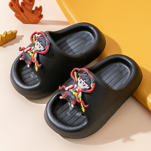 Nezha EVA children's slippers for boys and girls in summer cartoon bathing home bathroom non-slip outdoor baby sandals EVA environmentally friendly soft upgraded version Khaki 36 inner length 20.5cm/small size