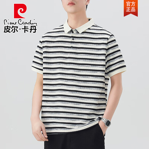 Marque de mode haut de gamme Pierre Cardin Polo à rayures en noir et blanc à manches courtes à manches courtes en soie à glace haut de gamme T-shirt rétro Summer noir et bleu 693 m 95-115jin [Jin est égal à 0,5 kg]