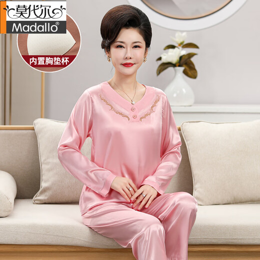 Pijamas de madre de mediana edad modales con almohadillas para los senos para mujeres, conjunto de ropa para el hogar de seda de hielo de manga corta fina de seda sintética de verano para personas de mediana edad y mayores AYM684 rosa M sin almohadillas para los senos