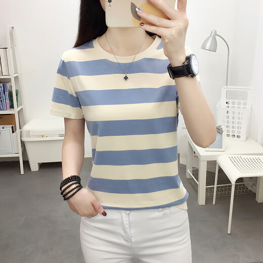Wanlan 2025 Neue Sommerkleidung Lose Lose großartigen Baumwoll-Kurzarm-T-Shirt-Mutter-Mutter-Schulter-Schulter-T-Shirt Top 838 Blue XL schlägt 121-135jin vor [Jin ist 0,5 kg]