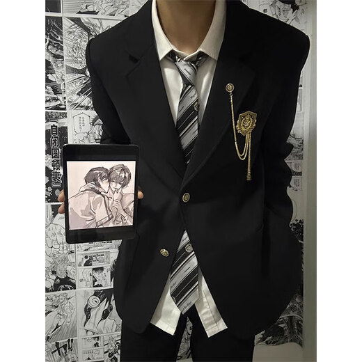 今诩anzmo贩卖元气日系学院风dk制服男生预备校服成人礼服一整套jk西 黑色西服+白衬衫+西裤（+带） M 【收藏+徽章】