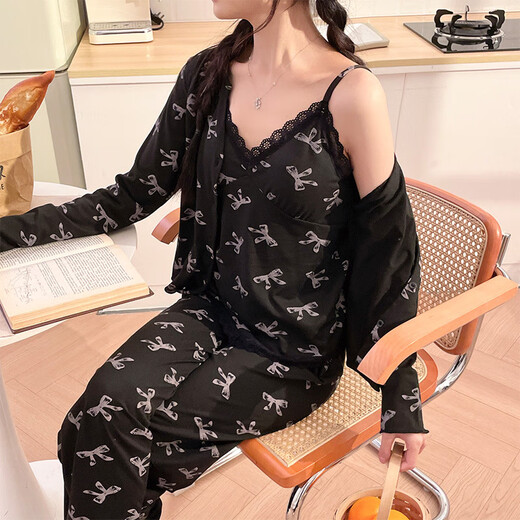 RONGXITU spring, summer and autumn women's v-neck long-sleeved pajamas, home wear set, can be worn casually with chest pad, Guangzhou Shisanhang three-piece set WX13803 black (with chest pad) 170 M (80-100Jin Jin is equal to 0.5 kg)