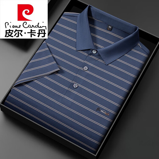 皮尔卡丹轻奢高端男士短袖T恤翻领夏季冰丝薄款中年条纹polo保衫上衣 13691#藏青 13691#藏青 XL 52建议140-155斤