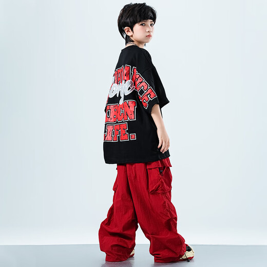 Fairy tale cool children's street dance trend clothing June 1st National Day New Year's Day hip-hop performance clothing Spring and autumn summer boys and girls drums performance clothing A672 black short-sleeved + trousers Women's style 160 size recommended to wear about 155cm in height