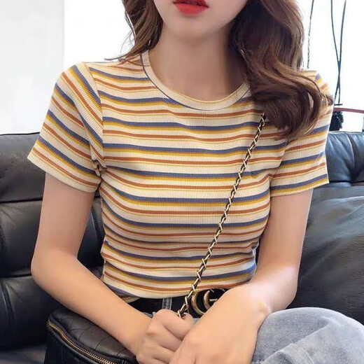 紫昕月【6172次回购】单/短袖恤女士2024夏季条纹针织修身圆领洋气百搭 黄色条纹 M 【建议90-100斤】紧身