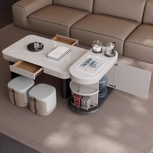 Yijing style multifunctional microcrystalline stone retractable kungfu coffee table modern living room household high-end kettle integrated tea table multifunctional kungfu coffee table with socket comes with kettle + purified water bucket + waste water bucket + 2 stools