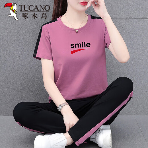 啄木鸟（TUCANO）夏季薄款运动套装女2025年新款妈妈装时尚夏装休闲纯棉短袖两件套 695 宝蓝[长裤套装] XL 【建议110-125斤】