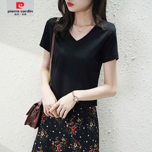 皮尔卡丹（pierre cardin）【1342人收藏】纯棉短款2025夏装新款丝光棉白t恤女纯色圆领体恤 白色圆领 L