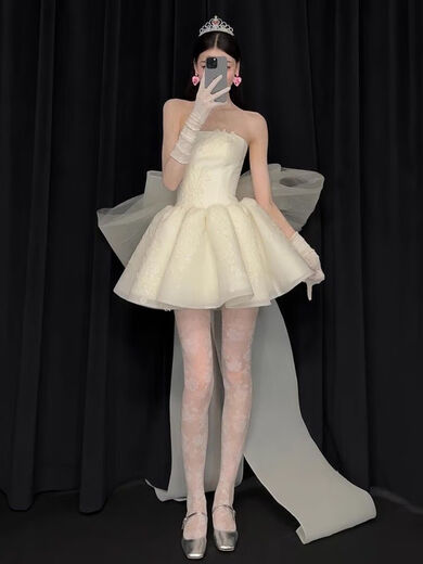 斯睿霖法式抹胸新娘晨袍感轻奢礼服生日宴会公主风轻婚纱订婚连衣裙 图片色 S