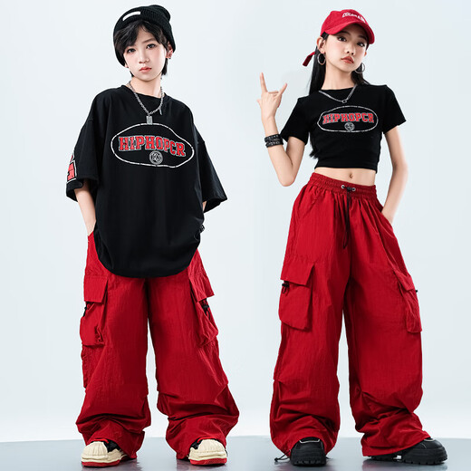 Fairy tale cool children's street dance trend clothing June 1st National Day New Year's Day hip-hop performance clothing Spring and autumn summer boys and girls drums performance clothing A672 black short-sleeved + trousers Women's style 160 size recommended to wear about 155cm in height