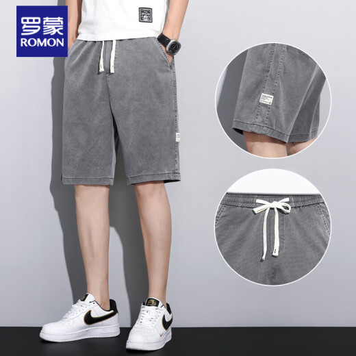 
ROMON (ROMON) Tennis denim shorts men's five-point pants summer ultra-thin loose straight wide-leg pants men's trendy brand ice silk casual mid-sized pants 1049 black 4XL 180-195Jin [Jin equals 0.5 kg]
