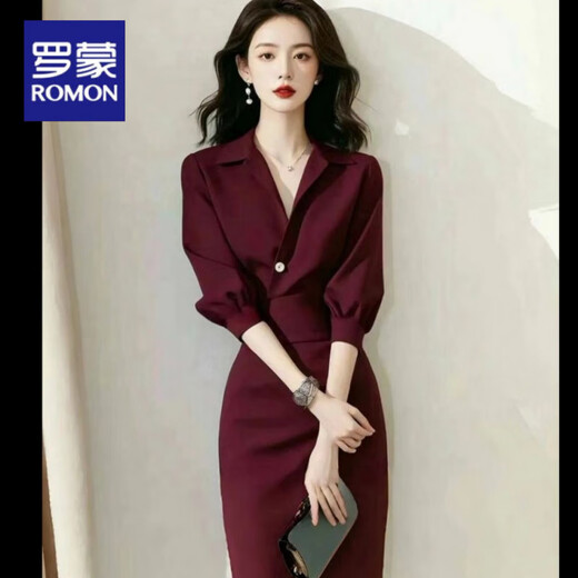 ROMON French unique formal occasion professional shirt dress for women autumn new style cold temperament suit skirt burgundy dress [standard version] L Recommended 105-120Jin [Jin equals 0.5 kg]