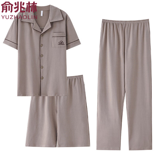 Yu Zhaolin Pajamas Men's Summer Cotton Pure Coton trois pièces Set à manches courtes Long Coton Vêtements de maison décontractée en vrac mince 9277 2xl