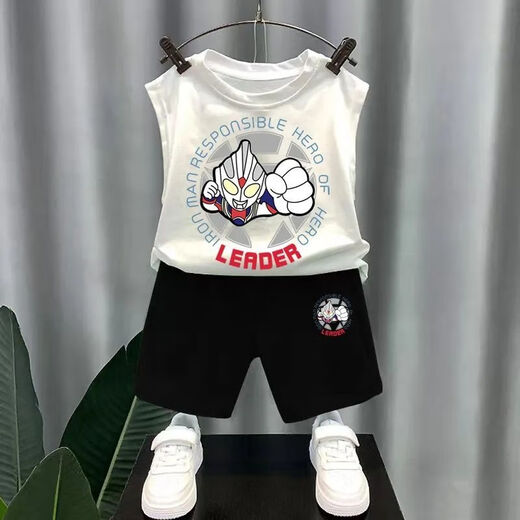 Snoopy Boys reine Baumwollhülsenweste Westeanzug für äußere Wear Ultraman Street Brat Street Boys Fünf-Punkte-Hose Zwei-teilige Fruchtgrüne Weste T983 + Schwarze Shorts T273 130 Empfohlene Höhe 120-130 cm