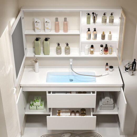 Jiumu Cream-Stil-Badezimmerschrank Kombination Leicht Luxus süßes massives Holz moderne einfache Badezimmer Waschbeamte Handwaschbewohner Schrank L719 Bodenschrank Aufbewahrungsspiegelschrank Schrank