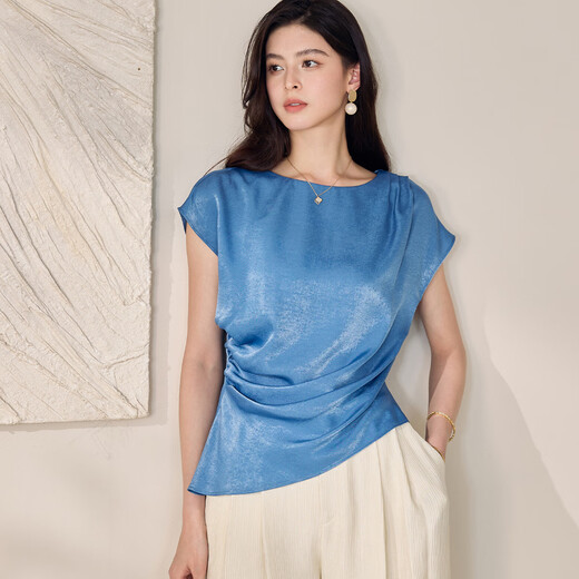 Roeyshouse Lace High Blue Satin Shirt Women's 2025 Summer New Style Chic rikinks BodySuit Slim 12043 Blue XL