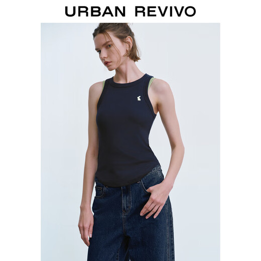 UR2025 summer new women's clothing fashion casual contrast embroidery pattern slim vest UYY450067 ink blue S