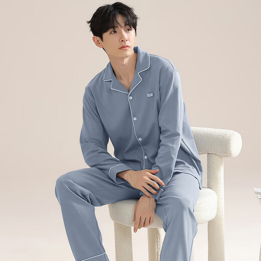Summer Thin Men's Pajamas 2025 Новая имитация хлопкового хлопка с длинными рукавами весенняя и осенняя домашняя одежда для открытия 928 серо-голубых [длинные рукава + брюки] XL [рекомендуется 120-140Jin [Jin равняется 0,5 кг]]]]]