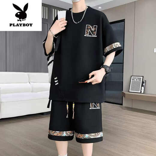 花花公子（PLAYBOY）2025夏季新款短袖青年潮流大码休闲运动套装男士时尚百搭两件套潮 【夏季套装】6195黑色 4XL 190-210斤
