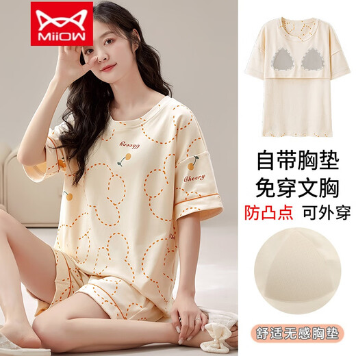Catman (MiiOW) pajamas with chest pad for women in summer pure cotton short sleeve shorts in summer breast covering and anti-convex dots and no wear underwear home clothing set 1047 with chest pad M [Suggested 80-105Jin [Jin equals 0.5 kg]]