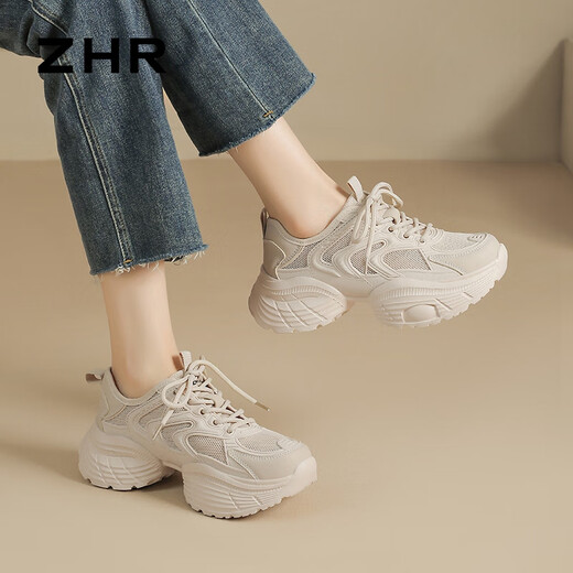 ZHR dad shoes for women in summer thick sole heightened casual shoes for women mesh breathable and lightweight women's shoes G755E apricot color 37