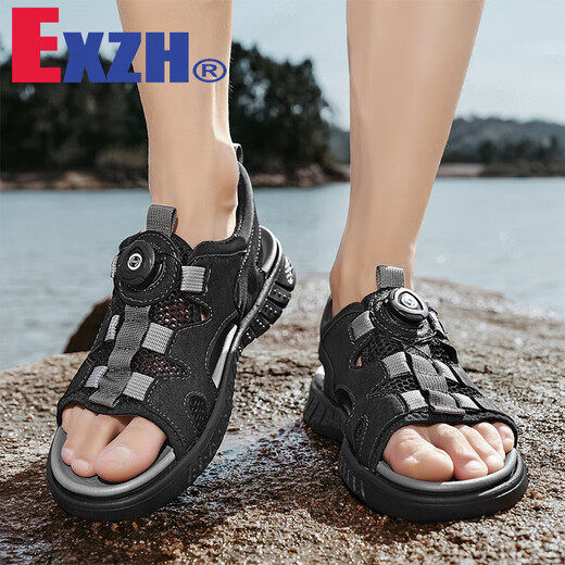 Exzh Brand Summer Herren Open-toed-Sandalen Echtes Leder atmungsaktivem Rotary Buckle Beach Schuhe Outdoor Sport und Freizeitloch Schuhe Grau [9856 Strandstil] 38