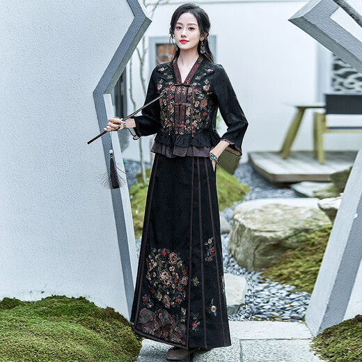 Pierre Cardin Neuer chinesischer Stil Tang Hanfu Verbesserte nationale Stil Jacquard Stickerei Tang Anzug Nationaler Retro Temperament Pferdsgesichtsrock Anzug Frauen 1098 Schwarzbrauner Hosenträger M.
