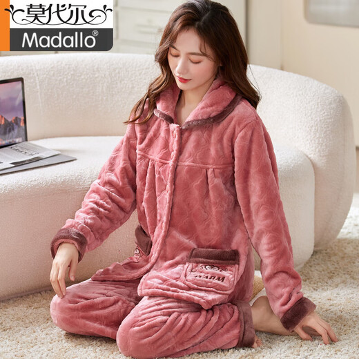 Modal plus fat plus size thickened flannel middle-aged and elderly pajamas coral velvet home clothes set 200Jin Jin equals 0.5kg Women's autumn and winter 761# deep bean paste XL size recommended 120-140Jin Jin equals 0.5kg