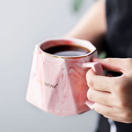 Cup ins high-looking mug couple style cup drinking cup household cup ceramic lid spoon stone pattern cup gray cup + lid + spoon 1 piece 400ml