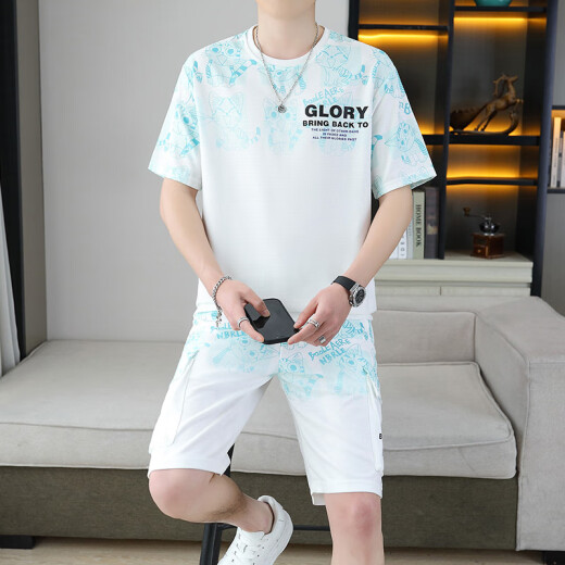 媛扣2025夏季新款短袖套装男青少年百搭短裤休闲运动两件套渐变色男装 6187蓝色 M