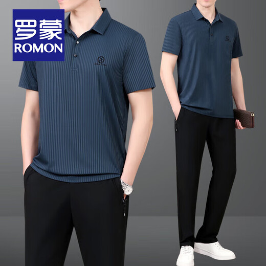 罗蒙（ROMON）爸爸夏装套装父亲夏季冰丝短袖t恤中老年休闲运动服套装男士速干 753墨绿【短袖+长裤】 3XL 【建议160斤-180斤】