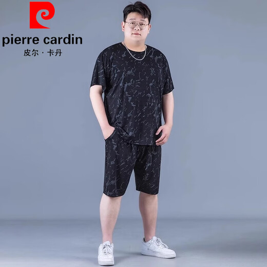 皮尔卡丹（pierre cardin）冰丝运动套装男夏季大码薄款男士速干五分裤胖子加肥加大宽松短袖 PZ830黑色 高质量冰丝套装 6XL 建议225250斤