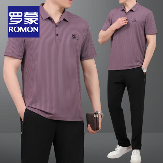 罗蒙（ROMON）爸爸夏装套装父亲夏季冰丝短袖t恤中老年休闲运动服套装男士速干 753墨绿【短袖+长裤】 3XL 【建议160斤-180斤】