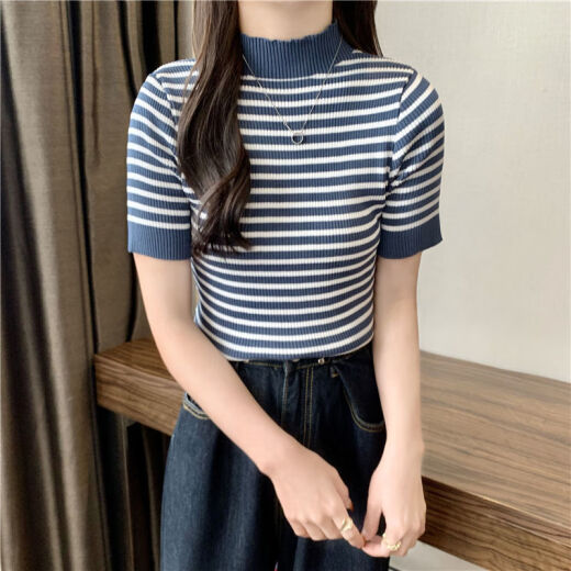 RWNNVI条纹薄款针织衫女2025新款夏季复古港味半高领短袖T恤别致上衣潮 13063黑条 均码 (70-125斤可穿)